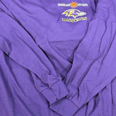 LOT 227: Baltimore Ravens Sweatshirt, 3 Long Sleeve Shirts, Sizes L & XL And A Knit Beanie