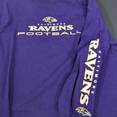 LOT 227: Baltimore Ravens Sweatshirt, 3 Long Sleeve Shirts, Sizes L & XL And A Knit Beanie