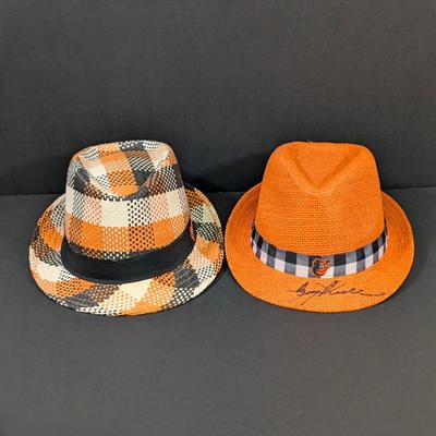 LOT 228: Baltimore Oriole Gear, Button Down Shortsleeve Shirt, Pullover, Sweatshirt, 2 Straw Hats, One Signed & 3 Baseball Caps. No...