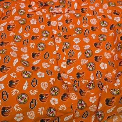 LOT 228: Baltimore Oriole Gear, Button Down Shortsleeve Shirt, Pullover, Sweatshirt, 2 Straw Hats, One Signed & 3 Baseball Caps. No...
