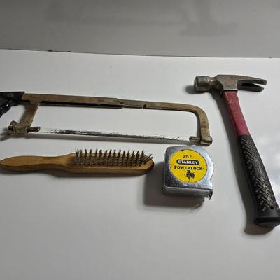 Basic Hand Tool Lot – 4 Pieces Hacksaw - Hammer - Tape measure and wire brush