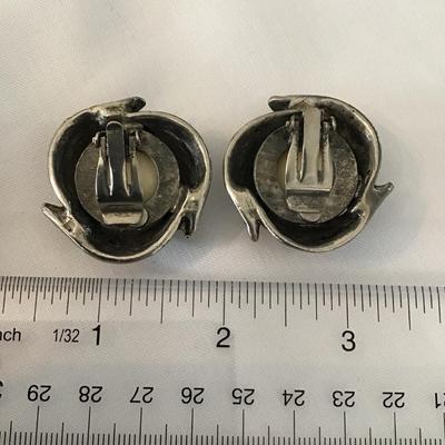 Vintage clip on statement earrings Silver tone dome, heavy leaf Lucite center
