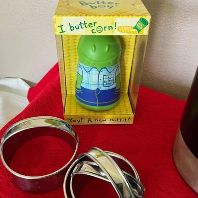 New items, Kitchen Caddy w/Pampered Chef Strainer, Cookie Cutouts New Butter Boy