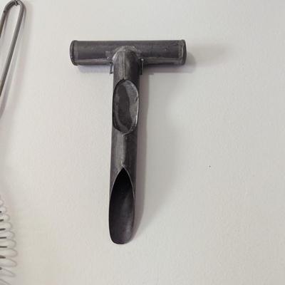 Primitive Kitchen Utensils 1930's Canning Jar Lifter Wood & Metal Potato Masher Fruit Corer (L)