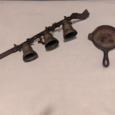 Early Brass Horse Hames Bell Set Sleigh Buggy & Small Skillet (B)