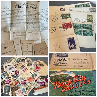 Antique Vintage Ephemera Lot - Stamps, 1899 Deed, Travel