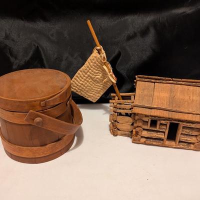 Antique Wooden Primitive Sugar Bucket Vintage Handmade Folk Art Miniature Rustic Log Cabin (B)