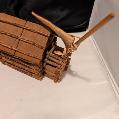 Antique Wooden Primitive Sugar Bucket Vintage Handmade Folk Art Miniature Rustic Log Cabin (B)