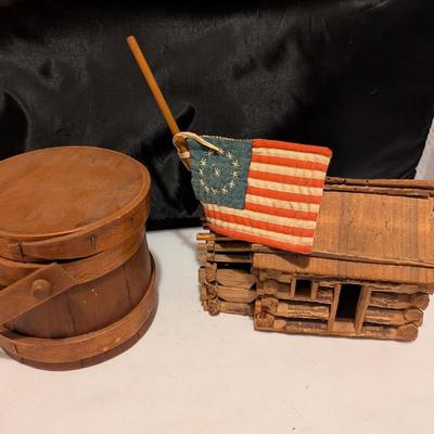 Antique Wooden Primitive Sugar Bucket Vintage Handmade Folk Art Miniature Rustic Log Cabin (B)