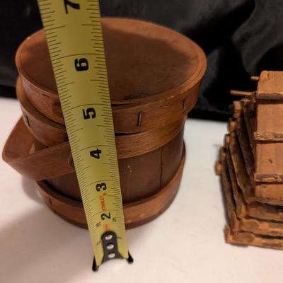 Antique Wooden Primitive Sugar Bucket Vintage Handmade Folk Art Miniature Rustic Log Cabin (B)