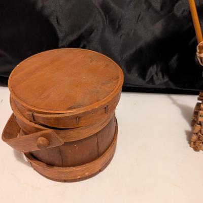 Antique Wooden Primitive Sugar Bucket Vintage Handmade Folk Art Miniature Rustic Log Cabin (B)