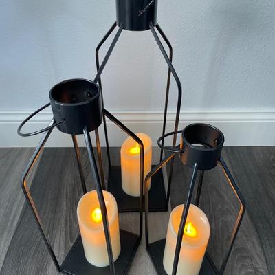 3 flameless candles with metal lantern decor