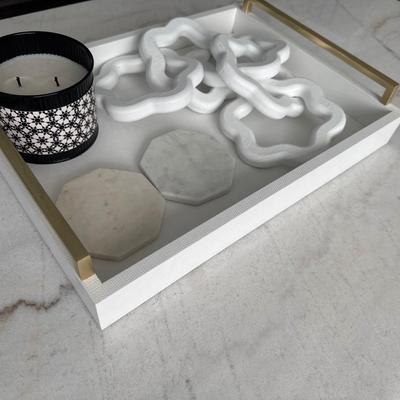 Home Decor in a wooden tray