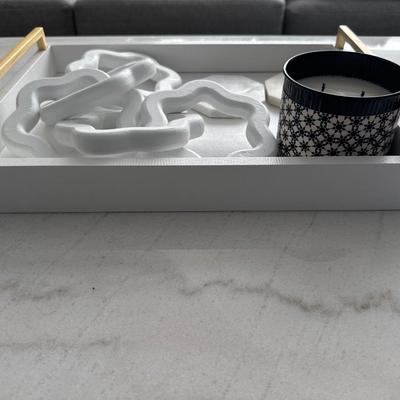Home Decor in a wooden tray