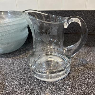 Etched glass plate set with pretty pitcher and miscellaneous bowls