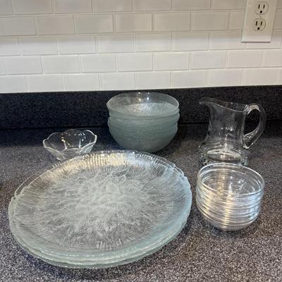 Etched glass plate set with pretty pitcher and miscellaneous bowls