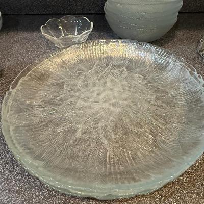 Etched glass plate set with pretty pitcher and miscellaneous bowls