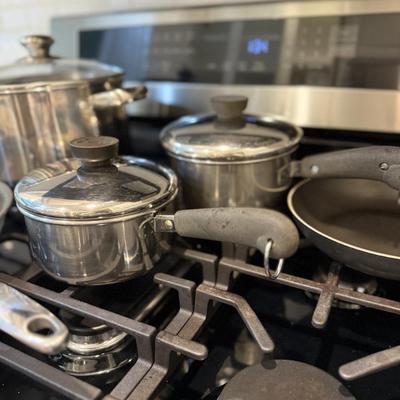 3 frying pans and 3 pots