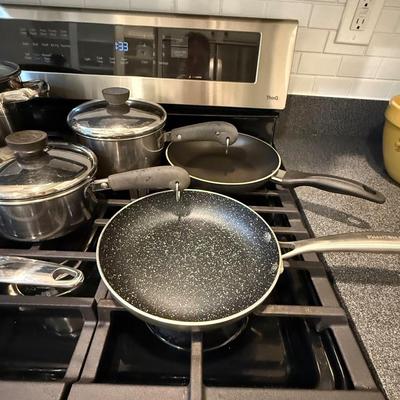 3 frying pans and 3 pots