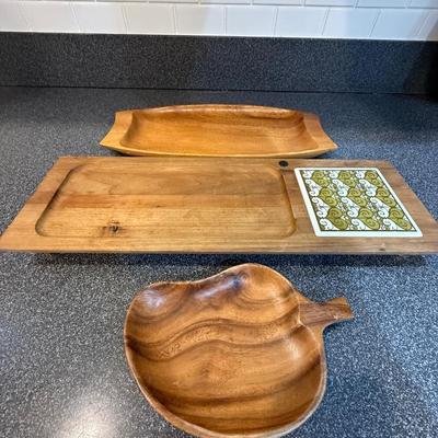 Three wood pieces including fun mid century looking cheese board