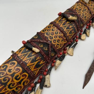 Antique Dayak Tribal Knife & Scabbard – Borneo Indonesia – Handcrafted w/ Teeth, Beads & Hair. (See description)