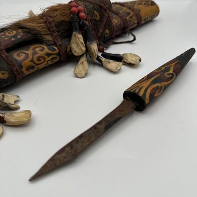 Antique Dayak Tribal Knife & Scabbard – Borneo Indonesia – Handcrafted w/ Teeth, Beads & Hair. (See description)