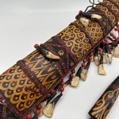 Antique Dayak Tribal Knife & Scabbard – Borneo Indonesia – Handcrafted w/ Teeth, Beads & Hair. (See description)