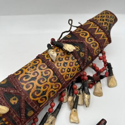 Antique Dayak Tribal Knife & Scabbard – Borneo Indonesia – Handcrafted w/ Teeth, Beads & Hair. (See description)