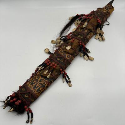 Antique Dayak Tribal Knife & Scabbard – Borneo Indonesia – Handcrafted w/ Teeth, Beads & Hair. (See description)