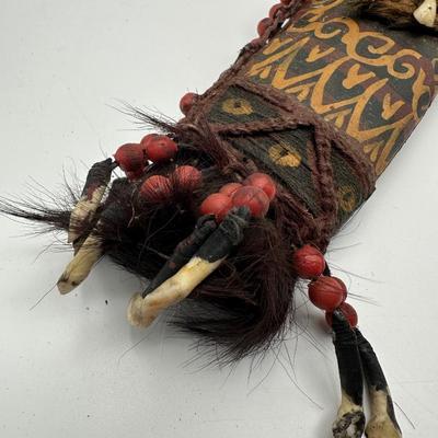 Antique Dayak Tribal Knife & Scabbard – Borneo Indonesia – Handcrafted w/ Teeth, Beads & Hair. (See description)