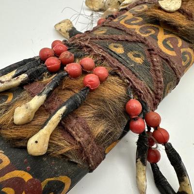 Antique Dayak Tribal Knife & Scabbard – Borneo Indonesia – Handcrafted w/ Teeth, Beads & Hair. (See description)
