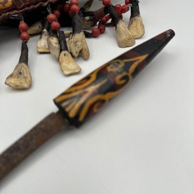 Antique Dayak Tribal Knife & Scabbard – Borneo Indonesia – Handcrafted w/ Teeth, Beads & Hair. (See description)