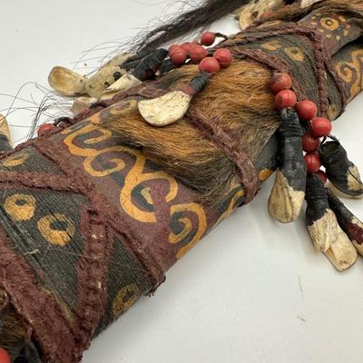 Antique Dayak Tribal Knife & Scabbard – Borneo Indonesia – Handcrafted w/ Teeth, Beads & Hair. (See description)