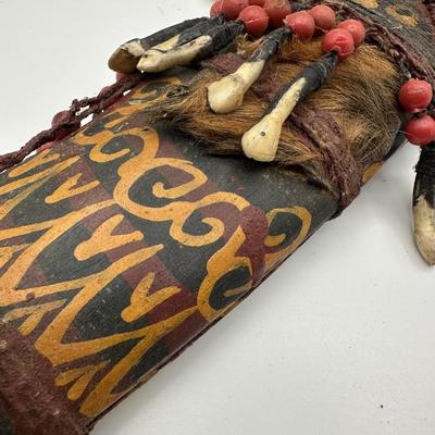 Antique Dayak Tribal Knife & Scabbard – Borneo Indonesia – Handcrafted w/ Teeth, Beads & Hair. (See description)