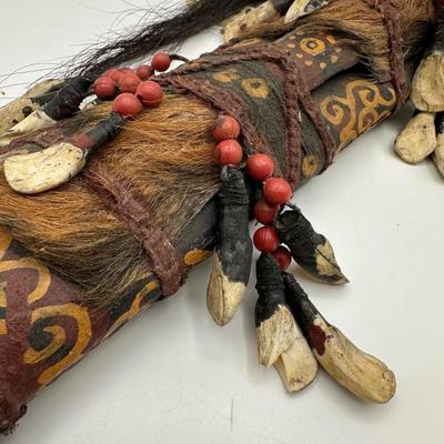 Antique Dayak Tribal Knife & Scabbard – Borneo Indonesia – Handcrafted w/ Teeth, Beads & Hair. (See description)