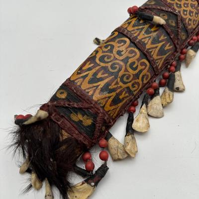 Antique Dayak Tribal Knife & Scabbard – Borneo Indonesia – Handcrafted w/ Teeth, Beads & Hair. (See description)
