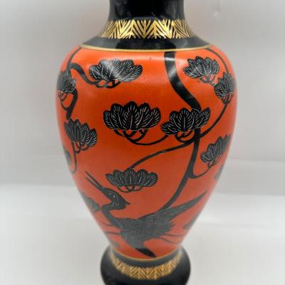 Vintage Japanese Aikozan Vase – 12” Hand-Painted Cranes & Lotus Vase