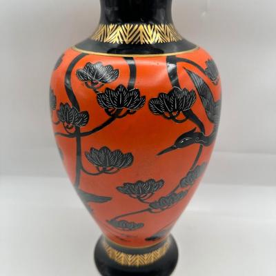 Vintage Japanese Aikozan Vase – 12” Hand-Painted Cranes & Lotus Vase