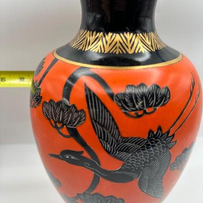 Vintage Japanese Aikozan Vase – 12” Hand-Painted Cranes & Lotus Vase