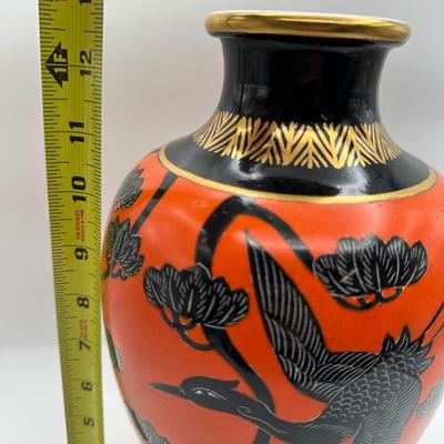 Vintage Japanese Aikozan Vase – 12” Hand-Painted Cranes & Lotus Vase