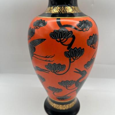 Vintage Japanese Aikozan Vase – 12” Hand-Painted Cranes & Lotus Vase