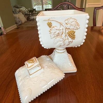 Milk glass footed container with lid