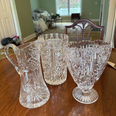 Two crystal vases and one pitcher