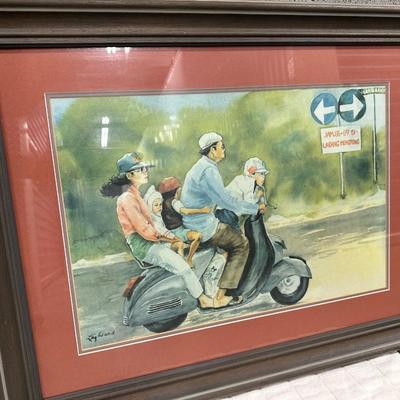 Family on Scooter” Watercolor by Liz Ward – Framed Indonesian Street Scene