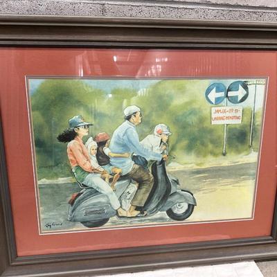 Family on Scooter” Watercolor by Liz Ward – Framed Indonesian Street Scene