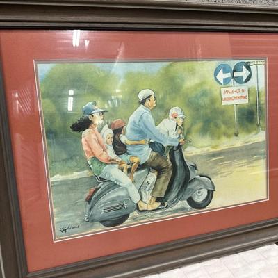 Sale Photo Thumbnail #485: This charming watercolor painting by Liz Ward captures a lively street scene of a family in Southeast Asia. 

The artwork is professionally matted.

Dimensions: 29” x 23”
