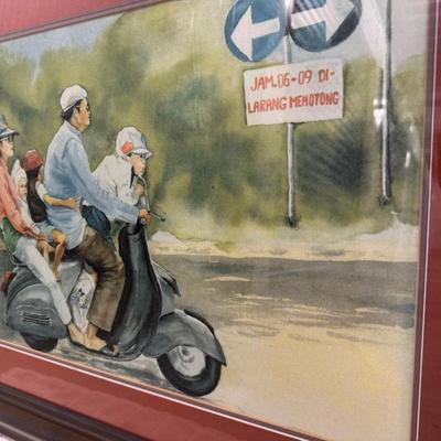 Family on Scooter” Watercolor by Liz Ward – Framed Indonesian Street Scene