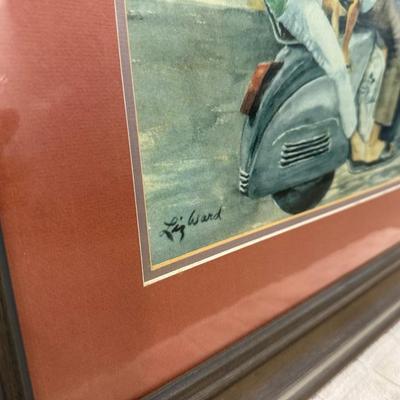 Family on Scooter” Watercolor by Liz Ward – Framed Indonesian Street Scene