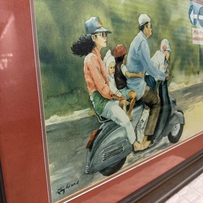 Family on Scooter” Watercolor by Liz Ward – Framed Indonesian Street Scene
