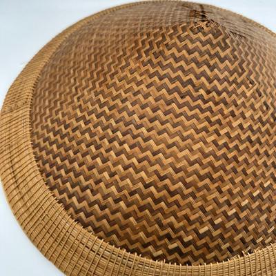 Vintage Handwoven Indonesian Conical Hat – Bamboo Wicker Rice Farmer Style with Beaded Chin Strap